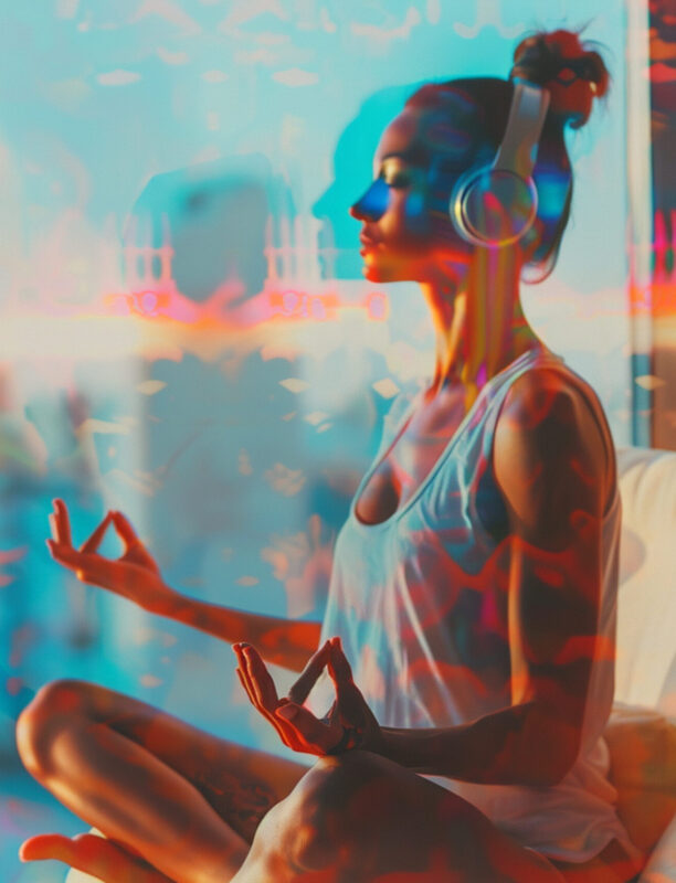 double-exposure-photo-woman-listening-music-through-wireless-headphones-doing-yoga-armchair